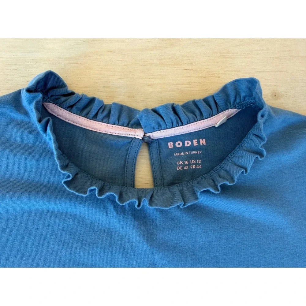 Boden Blue Ruffle Neck Puff Sleeve Keyhole Back Top Womens Size 12 US - M
